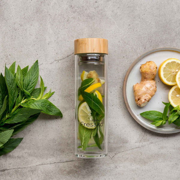 lemon, mint and ginger detox water in a fressko flask 